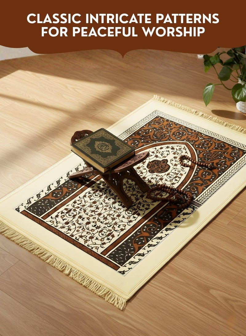 JUNI Premium Velvet Thick Prayer Mat 70×110 cm with FREE Prayer Beads (Tasbih) – Soft Padded Janamaz Musallah, Embossed Anti-Slip Base & Fringed Edges – Ideal for Daily Salah, Umrah, Hajj & Ramadan Gift - Image 3